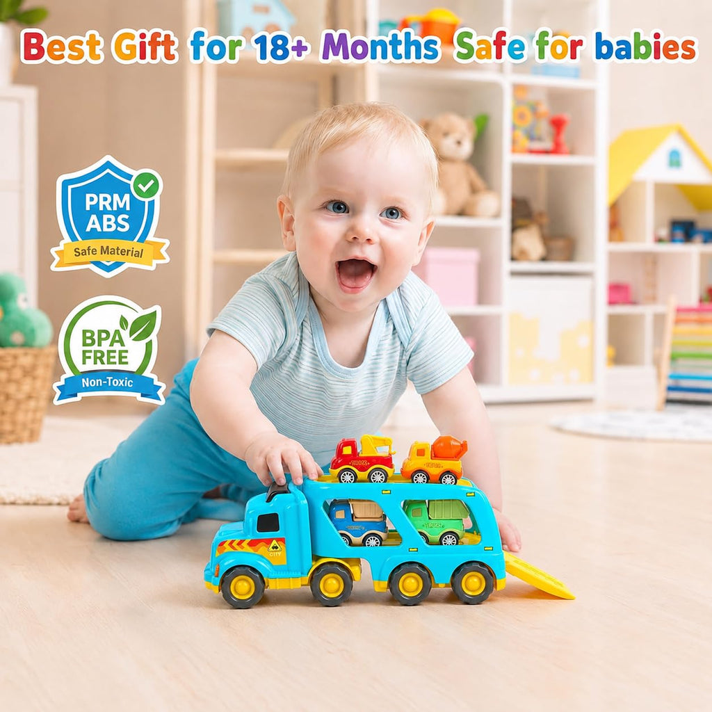 Veslier Toy Trucks for 2 3 4 5Years Old,Construction Transpor Trucks for Toddlers 2-4 Years with 4 Pull Back Cars for Toddlers 2-4,Christmas Birthday Gift for 18M+ 2 3 4 5 Years Old Kids Boys Girls.