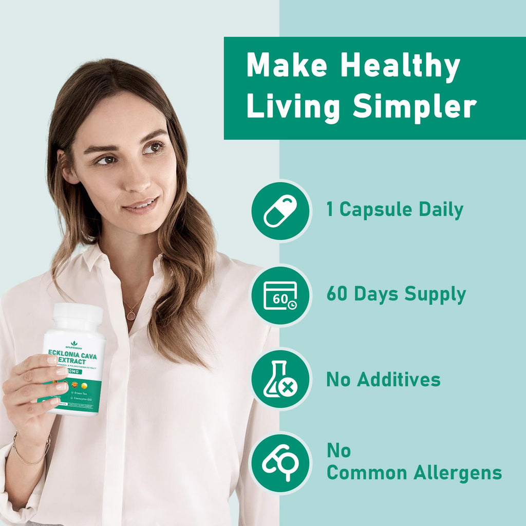 Spliferikou Ecklonia Cava Extract, 800mg, 60 Veggie Capsules with Fucoidan, Green Tea, Turmeric, CoQ10, Dietary Supplement