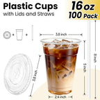 100 Pack 16 oz Plastic Cups with Lids and Straws, Clear Disposable Plastic Cups, Heavy Duty Iced Coffee Cups with Leak-Resistant Lids, Cold Drink Cups for Juice, Coffee and Milk Tea & Party To Go