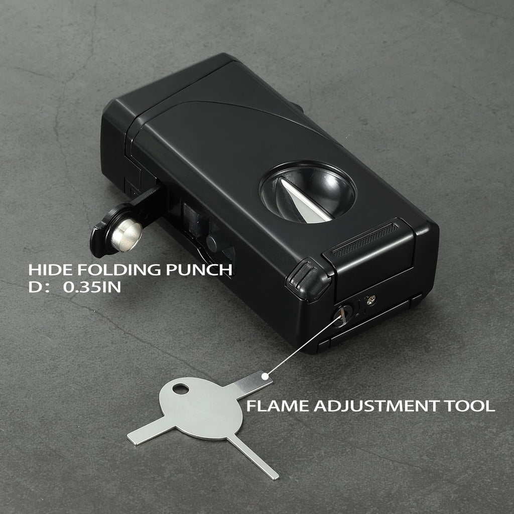 All in One Triple Jet Flame Butane Torch Lighter Built-in Cutter, Cutter V Cut, Punch, Holder Function, Draw Enhancer Tool, Refillable and Adjustable Windproof Lighter. Black(Sold Without Gas)