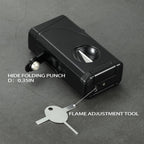 All in One Triple Jet Flame Butane Torch Lighter Built-in Cutter, Cutter V Cut, Punch, Holder Function, Draw Enhancer Tool, Refillable and Adjustable Windproof Lighter. Black(Sold Without Gas)