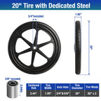Jinleader 2 PCS 20" PU Flat Free Tire with 3/4'' and 5/8'' Bearings, Non-inflated Tires and Wheels, 20x2 Inch Wheel for Wheelbarrow, Carts, Garden Trailers
