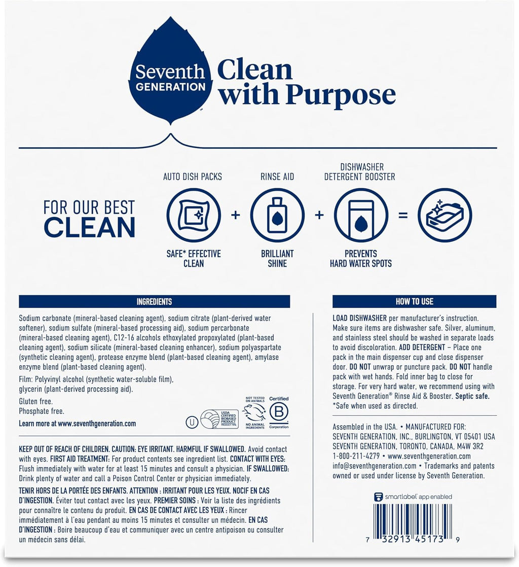 Seventh Generation Free & Clear Dishwasher Detergent Packs, 72 Count