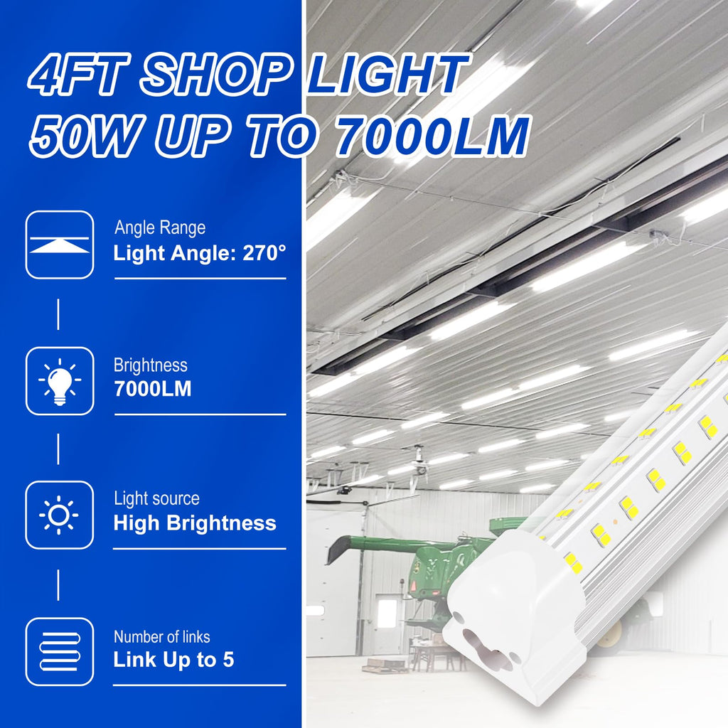 XLNYUUI Led Shop Lights,4FT LED Light 50W 6000K 7000LM Led Daylight,Garage Light,Linkable Clear Cover Integrated V-Shape for Garage Warehouse Workbench Workshop(6-Pack)