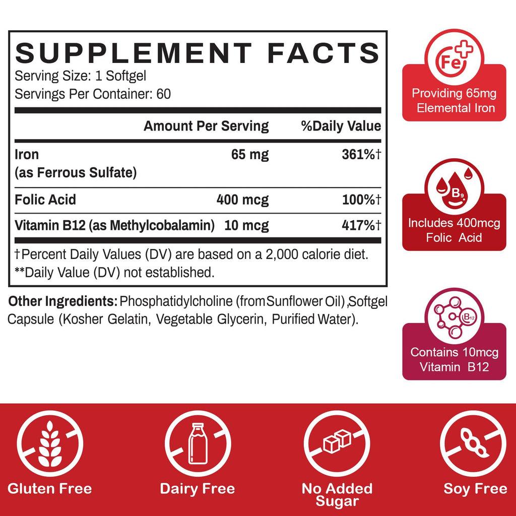 Liposomal Fe Iron Supplement for Women, 65 mg Iron Supplement with Folic Acid & Vitamin B12 for Men, Daily Blood & Energy Support for Adults Iron Deficiency 60 Softgels (1 Bottle)