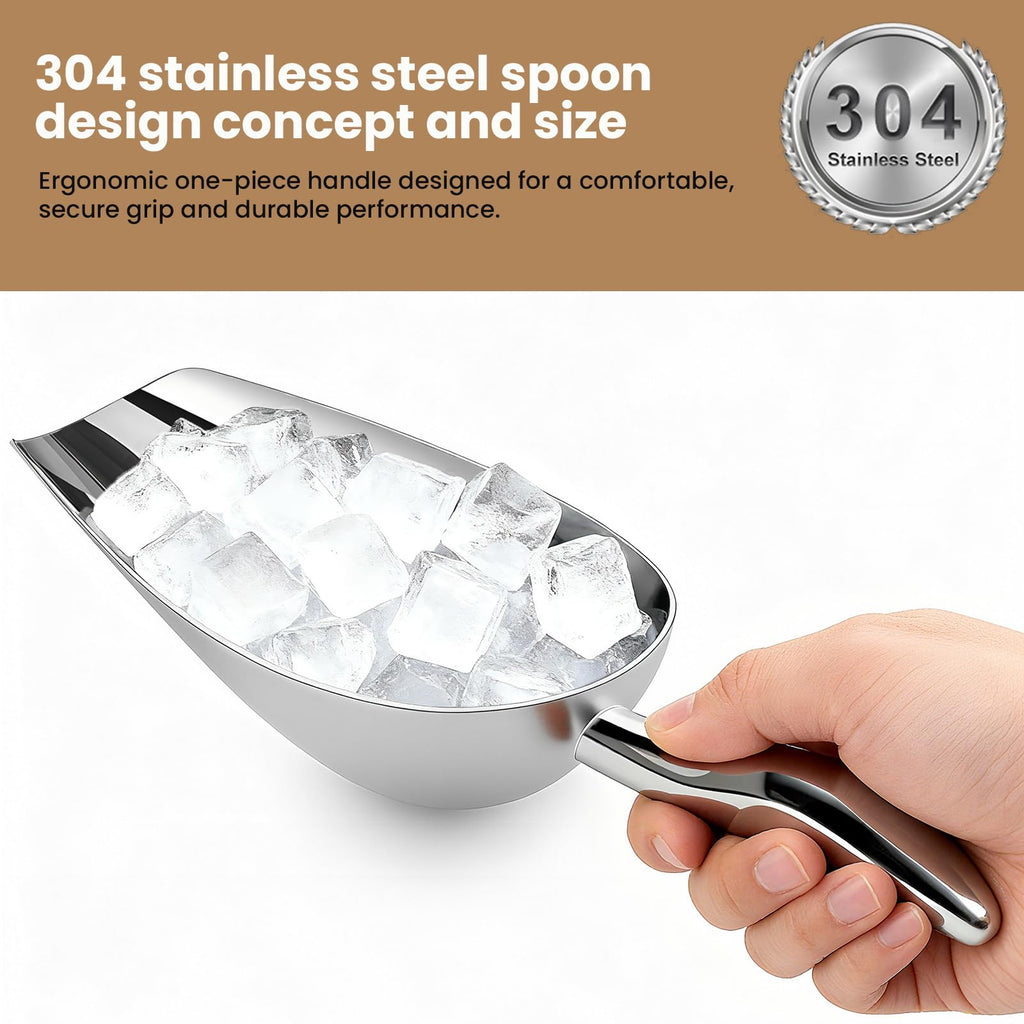 12 Oz 304 Stainless Steel Ice Scoop for Freezer & Ice Machine 2 Pack– Heavy Duty Metal Scooper, Dishwasher Safe, Multi-Purpose for Kitchen, Bar, Party, Wedding (Ice,Dry Goods) (Polished silver)