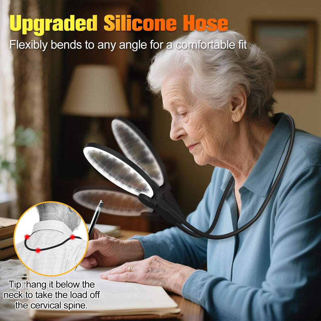 Hands Free Magnifying Glass with Light for Close Work, 5.5 Inch 5X Lighted Magnifying Glass, Neck Wear Magnifier for Reading Books, Sewing, Cross Stitch, Low Vision Seniors with Aging Eyes