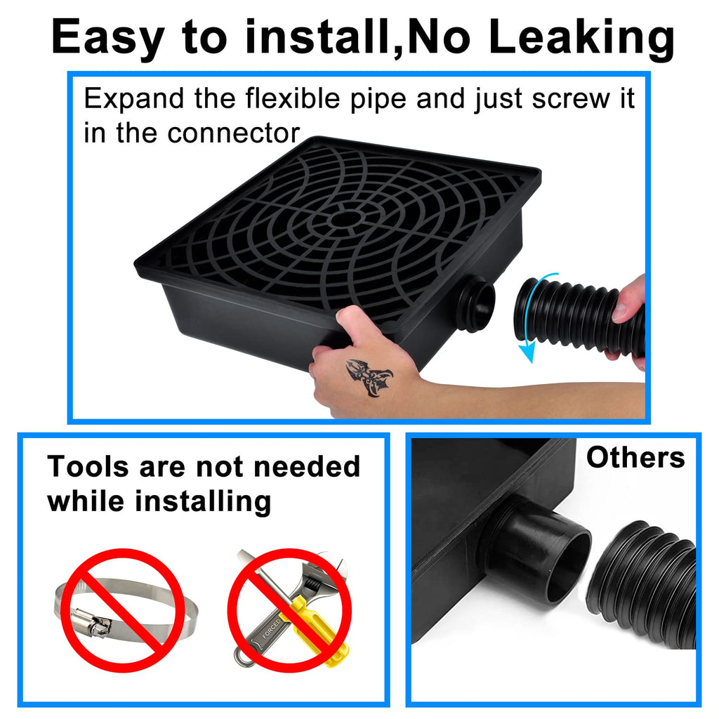 Prestantious Low Profile Catch Basin Drain Kit Downspout Extender, 12"×12" Catch Basin Gutter Downspout Extensions with 2" ID Flexible Pipe, Pipe Stretched Length 16.4ft, Rainwater Drainage System