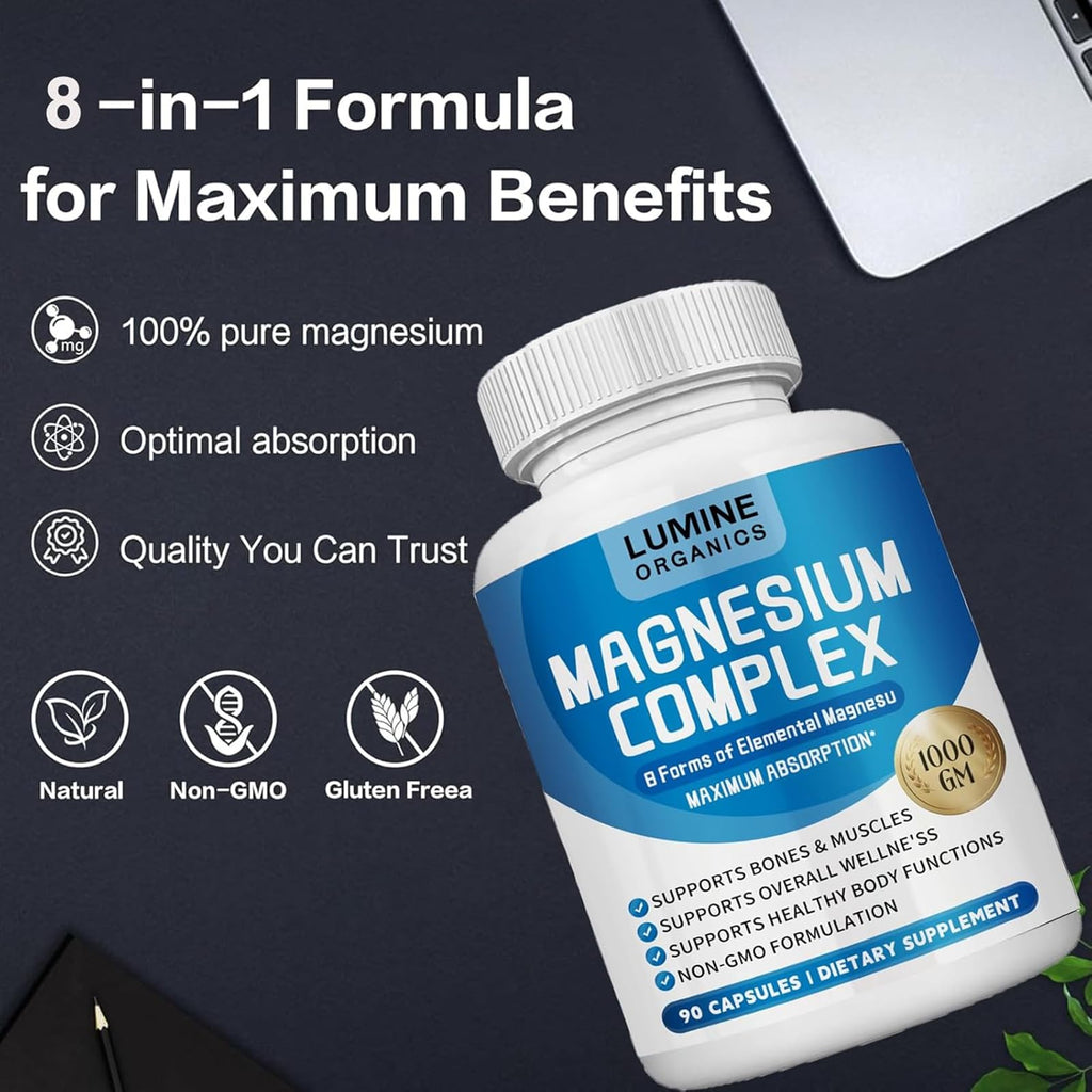 1PCSLumine Organics Magnesium Complex Supplement 1000mg - Advanced 8-in-1 Magnesium Blend - Glycinate, Citrate, Malate, Taurate etc.– High Absorption Formula – Non-GMO, 90 Capsules (1B)