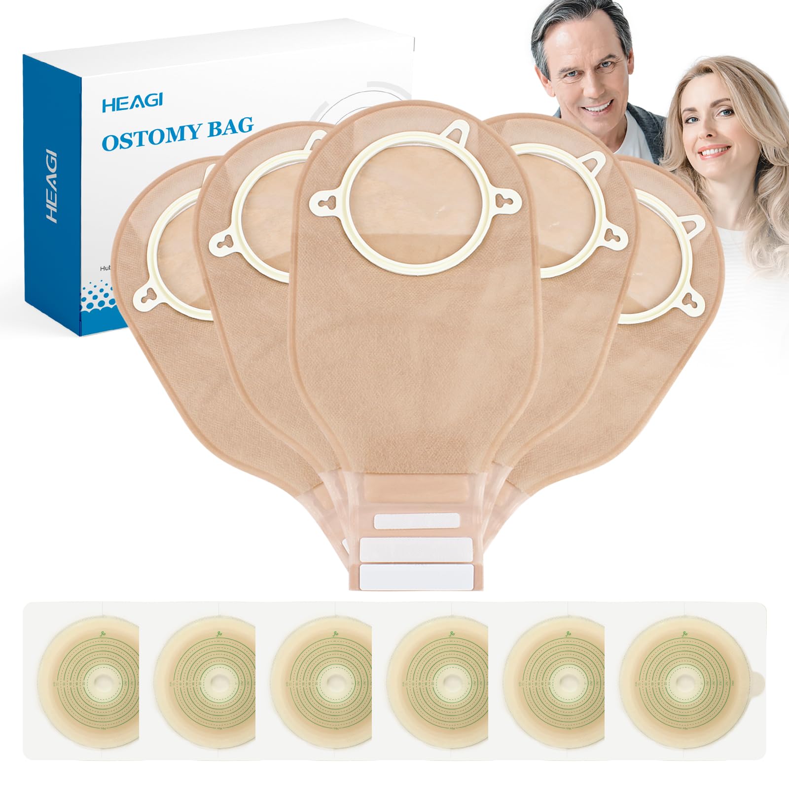 Heagimed 22pcs Ostomy Supplies Colostomy Bags, 2-Piece Colostomy Bags, Two-Piece Drainable Pouches with Closure for Ileostomy Stoma Care, Cut-to-Fit, 70mm Max (16 x Ostomy Bags+ 6 x Skin Barrier）