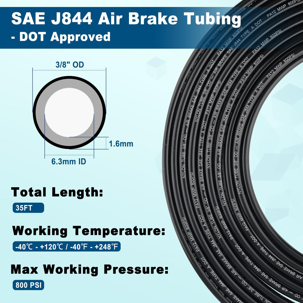 Boeray 35FT 3/8 DOT Air Line SAE J844 PA12 Nylon Air Hose with Cutter 3/8” OD Pneumatic Tubing DOT Approved 3/8 Air Brake Hose for Air Suspension Kit Truck Trailer Brake System & Fluid Transfer 11m
