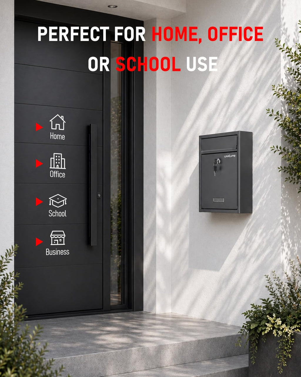 Uniclife Wall Mount Mailbox for Outside, Locking Mail Box, Large Mailbox with Key Lock, Security Mail Box for House, Safe Key Drop Box, Post Box, Steel Cash Drop Box for Home Office School, Black