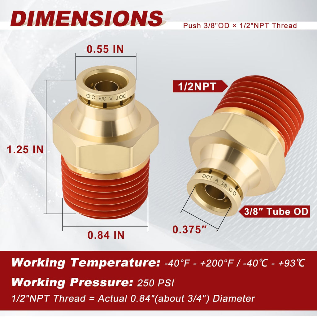 Boeray 3/8" Quick Push to Connect Fittings Brass Union Straight Joint DOT Approved 3/8" Tube OD x 1/2" NPT Thread Air Line Adapter Air Suspension Kit for Truck Trailers and Air Brake System 4pcs