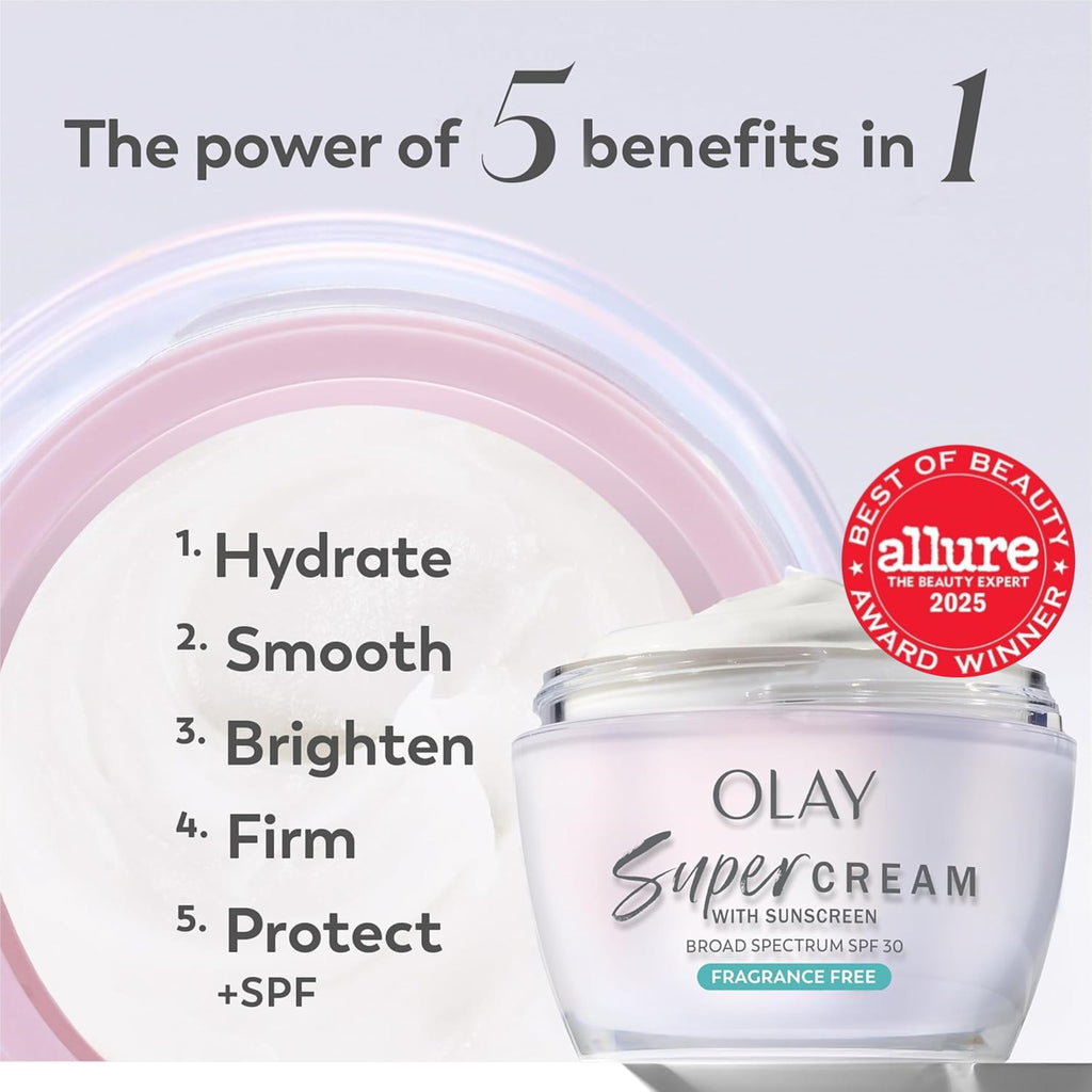 Olay Super Cream with Sunscreen SPF 30, Fragrance Free Lightweight Face Moisturizer with Sun Protection, 5-in-1 Skin Care - Hydrating, Brightening - Niacinamide, Vitamin C, Collagen, 1.7 oz