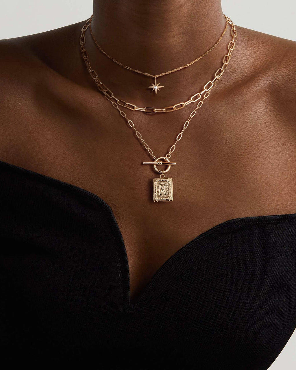 MJartoria Layered Initial Necklaces for Women Trendy, 14K Gold Plated Simple Star Choker Square Letter Pendant Necklace, Paperclip Chain Necklace, Gold Necklaces Jewelry Gifts (Gold, K)