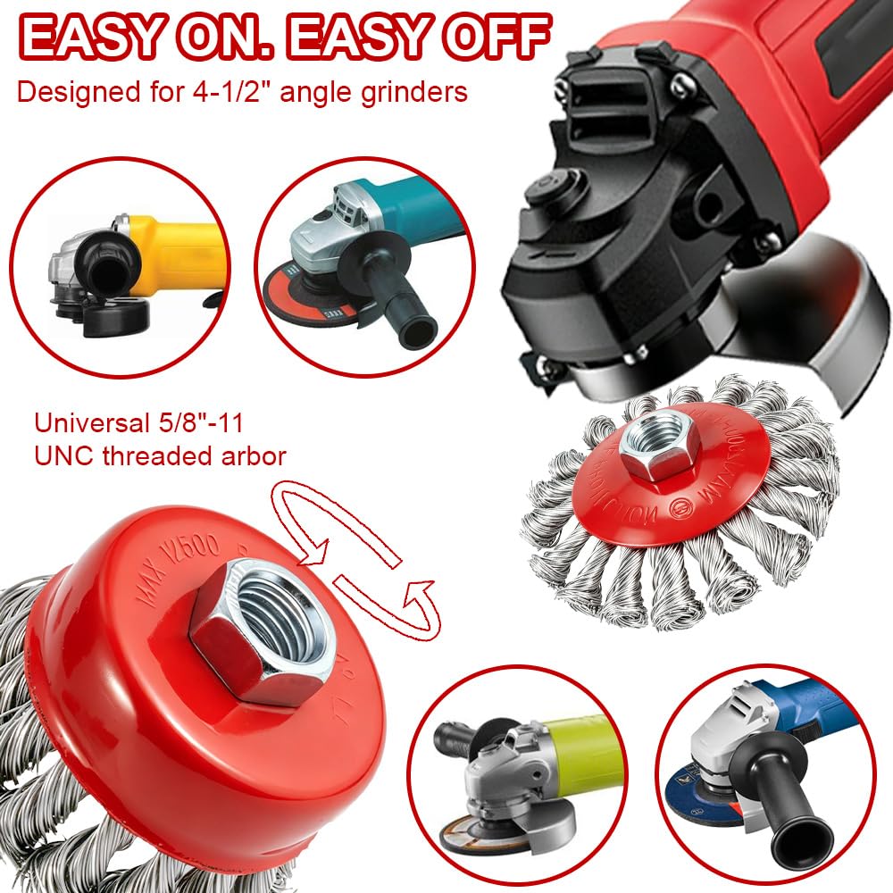 SBGGRL 9 Pack Wire Wheel Brush for Angle Grinder, Wire Wheels Attachment for 4-1/2" Angle Grinders, Screws on 5/8” Thread, 4 Inch Knotted Twist Carbon Steel Brush Set for Rust, Paint & Metal Removal