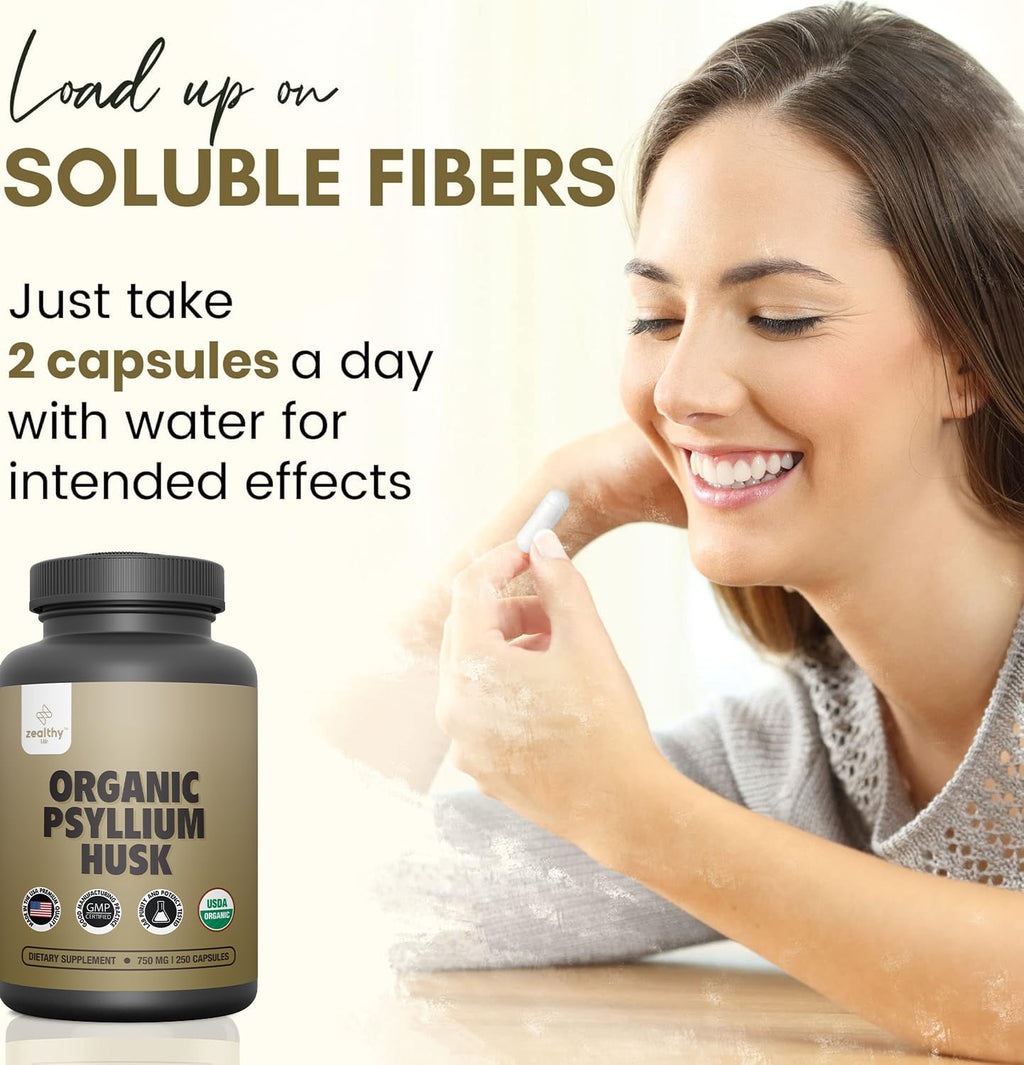 Organic Psyllium Husk Capsules 750 mg, Natural Fiber Supplement for Gut Health* - Alternative to Psyllium Husk Powder, Zealthy Life, 250 Capsules