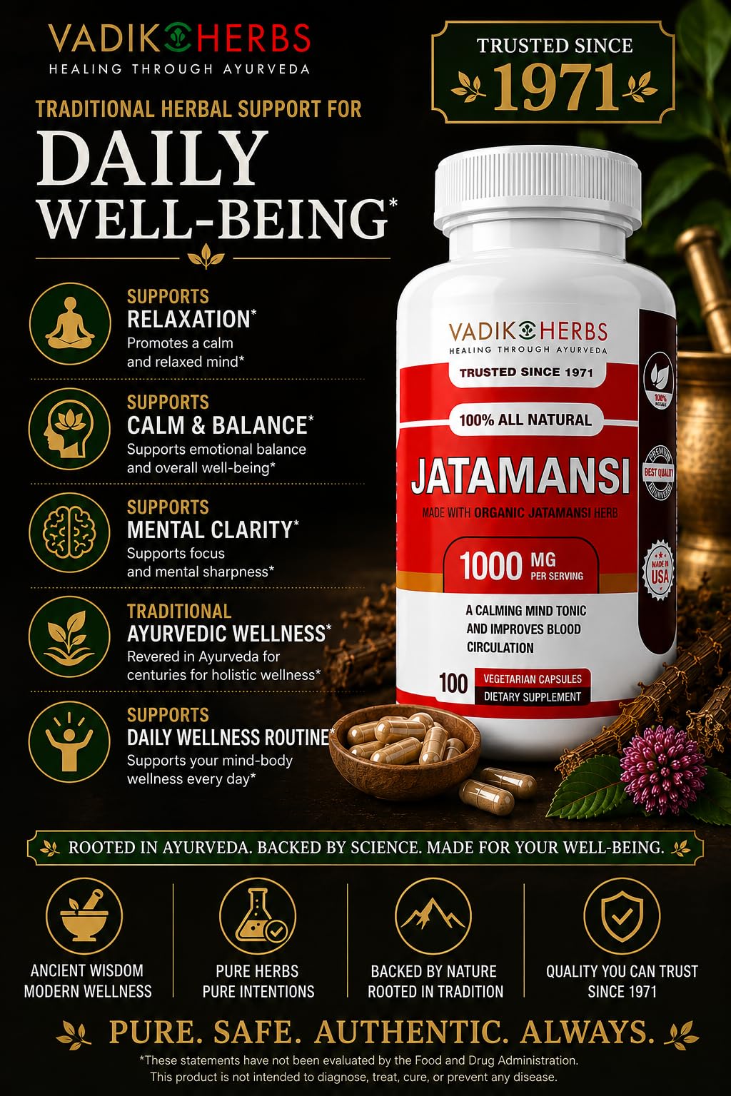Vadik Herbs Jatamansi Capsules 1000mg | Organic Jatamansi Root (Nardostachys jatamansi) | Ayurvedic Herb for Calm, Clarity & Restful Sleep | 100 Vegetarian Capsules | Non-GMO | Trusted Since 1971
