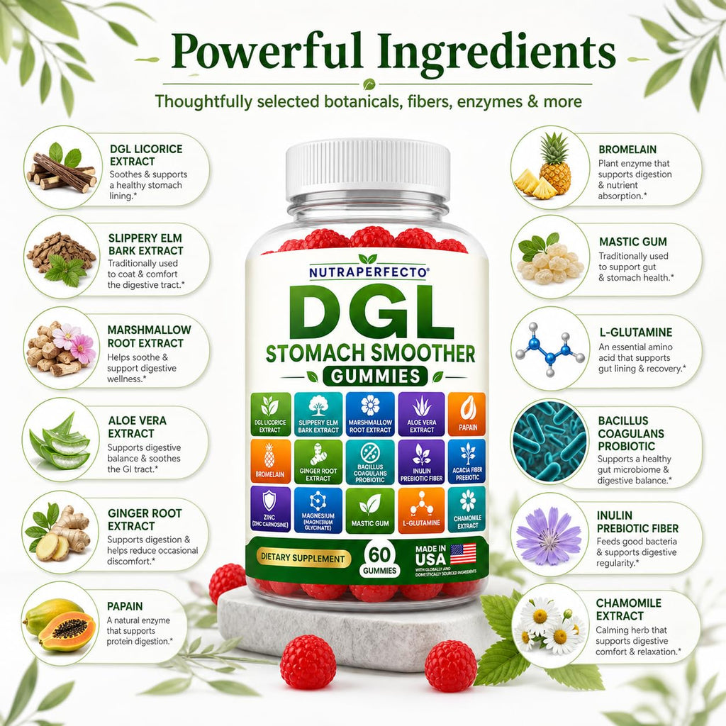 Sugar Free DGL Stomach Smoother Gummies with DGL Licorice, Slippery Elm, Marshmallow Root, Aloe Vera, Probiotic & Prebiotic Fiber, Ginger, Mastic Gum, L-Glutamine, Zinc Carnosine, Digestive Support