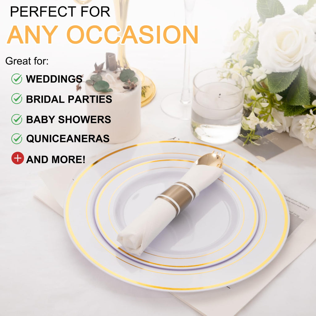 Joyido 400PCS Pre Rolled Gold Plastic Silverware Sets - Heavy Duty Gold Cutlery - Include 100 Pack Wrapped Disposable Utensils with Napkins for Parties, Dinners & Weddings