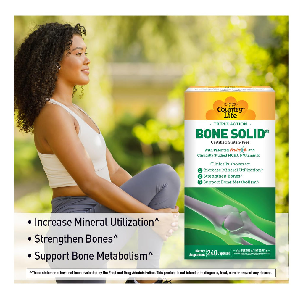 Country Life Bone Solid - Bone Health Supplement with Microcrystalline Hydroxyapatite (MCHA), Calcium, Magnesium, Zinc, Vitamins K2 & D3 for Enhanced Bone Strength & Metabolism - 240 Capsules