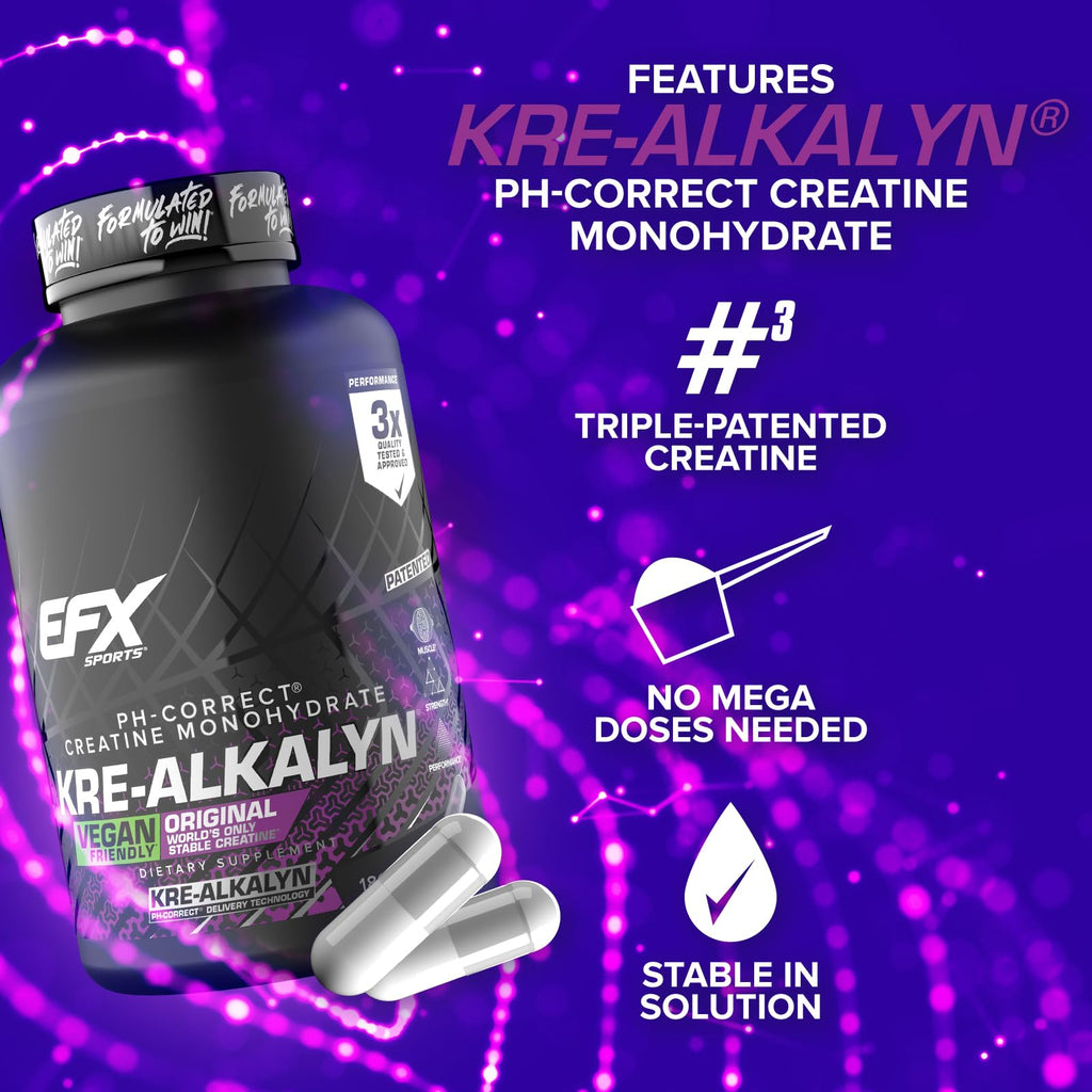 EFX Sports Kre-Alkalyn EFX | pH Correct Creatine Monohydrate Pill Supplement | Vegan Friendly | Strength & Muscle Growth | 90 Servings, 180 Veggie Capsules