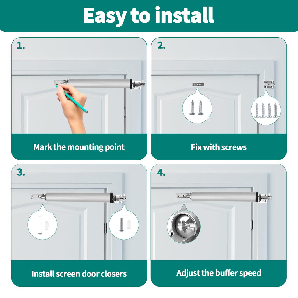 2PCS Screen and Storm Door Closer Kit, Heavy Duty Pneumatic Screen and Storm Door Closer, Screen and Storm Door Push Button Latch Set Replacement Kit, Adjust Smooth Closing Speed (Silver)