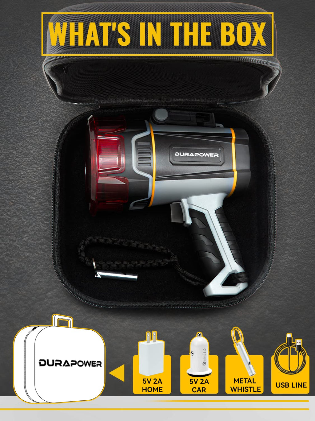 Durapower Boat Spotlight Flashlight, High Lumen IP67 Waterproof Super Bright Rechargeable Spotlight, Long Lasting Flashlight,1148ft Range Portable Handheld Spot Light Outdoor for Marine Boat Hunting