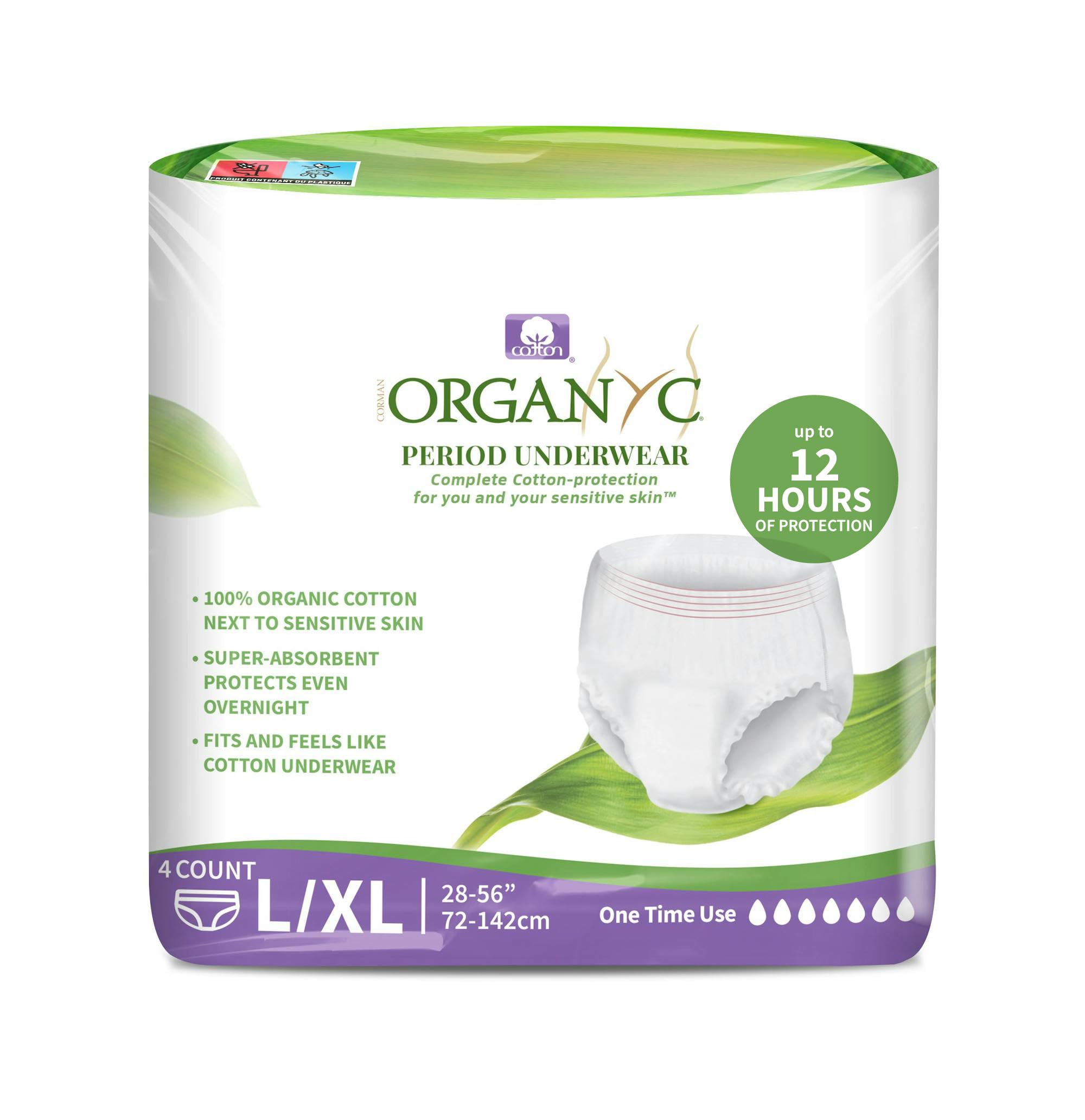 Organyc Certified Organic Cotton Disposable Period Underwear for Sensitive Skin 12 Hours Complete Protection Size L/XL 4 Count
