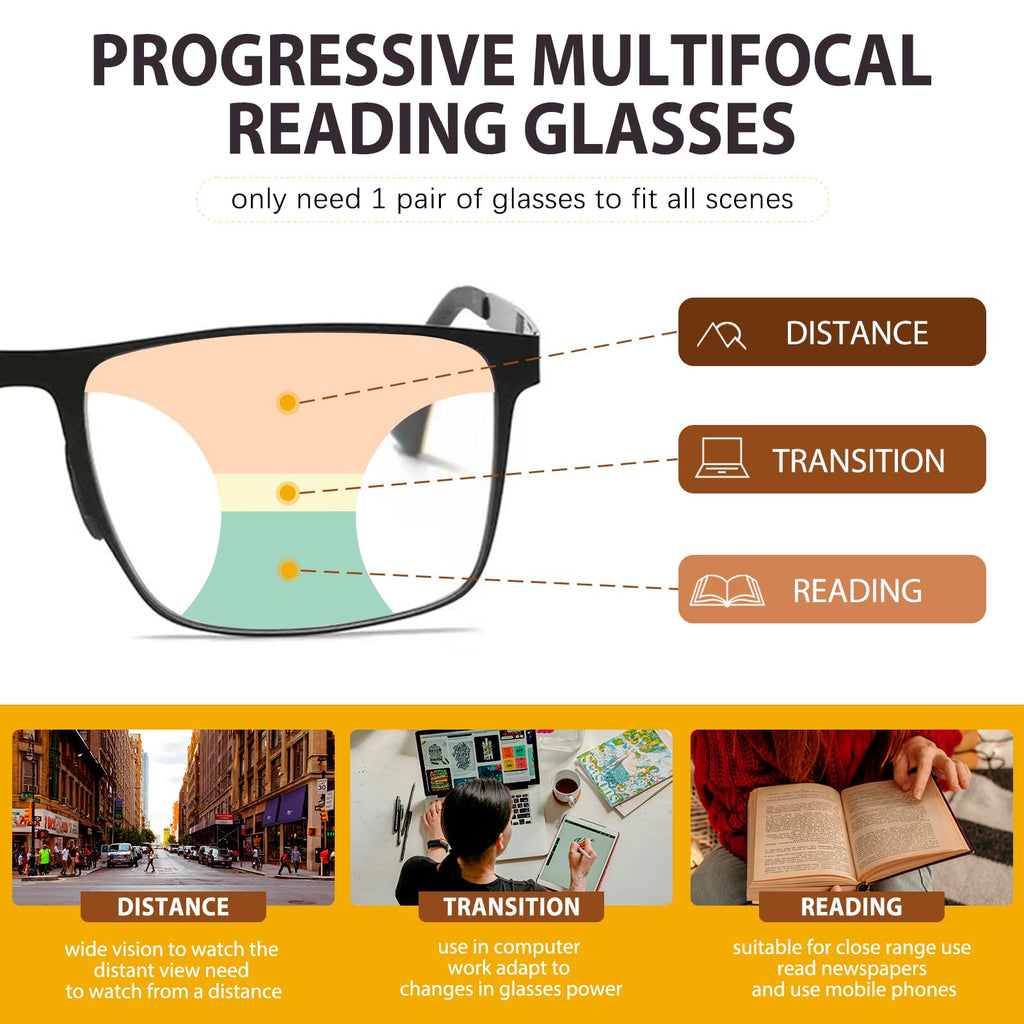 UXAOSVME Progressive Multifocus Reading Glasses Anti Blue Light Photochromic/Bifocal Reading Glasses for men UV Protection (Multifocal-Black, 2.5, x)