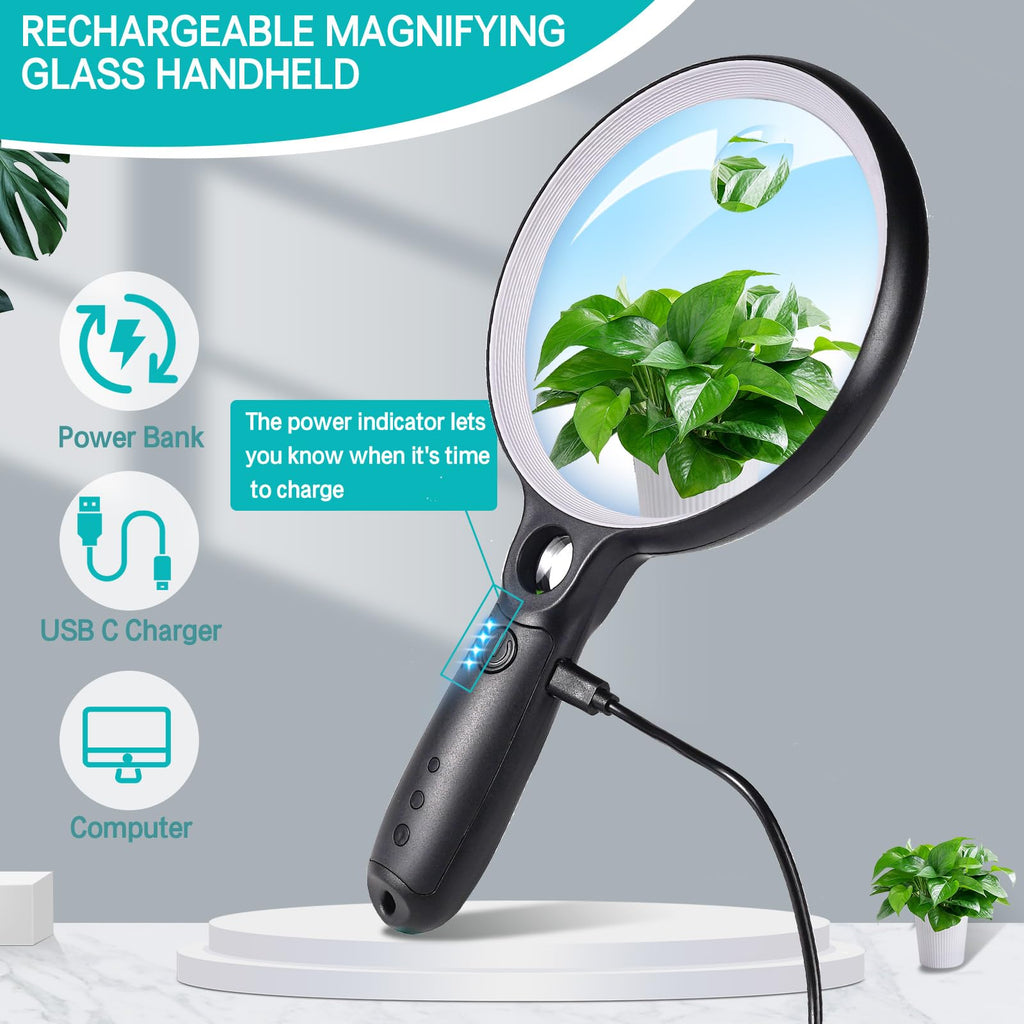 Large Magnifying Glass with 37 LED Light and Case, 10X 20X 45X Handheld Illuminated Lighted Magnifier with 3 Light Modes Rechargeable Magnifying Glass for Seniors Reading, Inspection (White & Black)