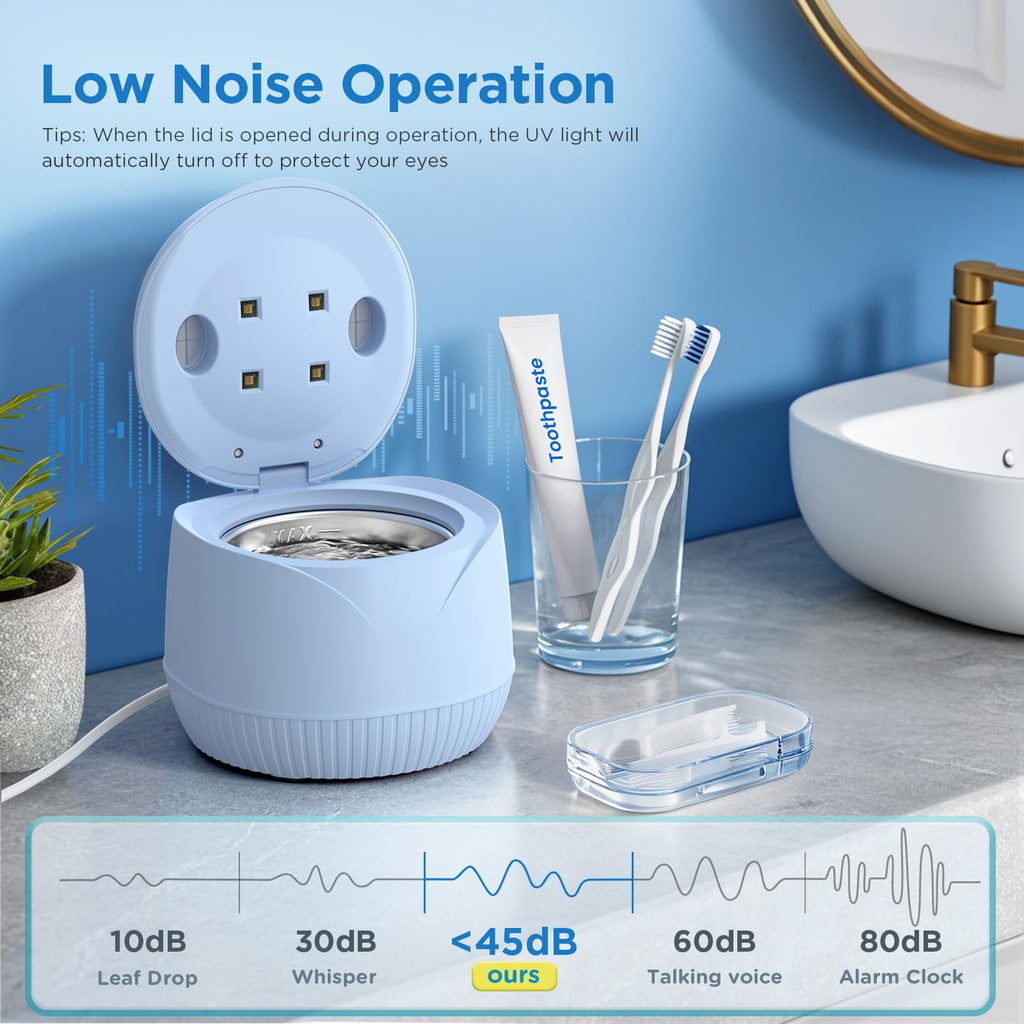 Dental Ultrasonic Retainer Cleaner Machine: 45kHz Dental Cleaning Pod with Digital Timer & 200ML, Cleaning for Dentures, Mouth Guards, Aligners, Night Guards, Braces, Toothbrush Heads & Jewelry, Blue