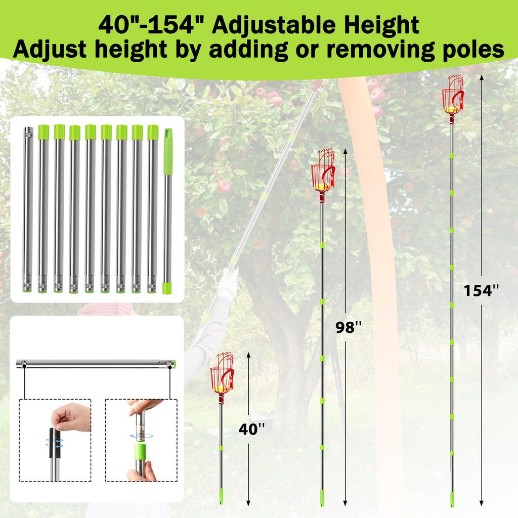 UQM 12.8FT Fruit Picker Pole Adjustable with Basket Harvest Bag