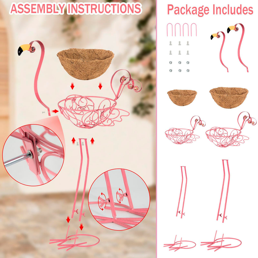 SUNREEK Set of 2 Pink Flamingo Outdoor Planters with Basket, Metal Flamingo Planter for Indoor Outdoor Garden Yard Decor (Flamingo-Planter)