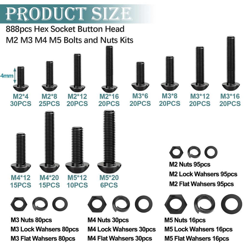 mxuteuk 888PCS Metric Screw Assortment Kit,M2 M3 M4 M5 Machine Screws,10.9 Grade Alloy Steel Metric Hex Button Head Cap Screws Nuts and Flat Washers Assortment Kit for 3D Printing