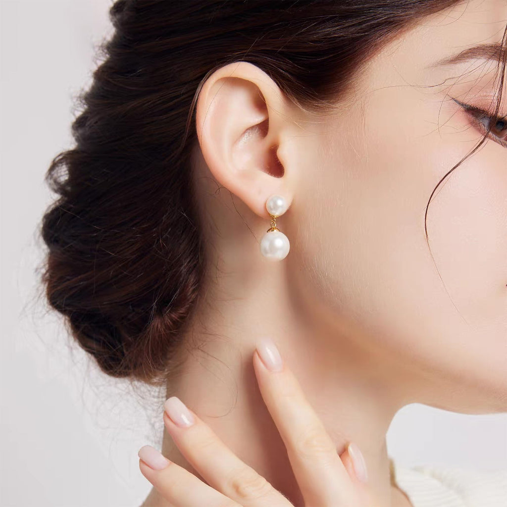 IPEPPY Double Pearl Drop Earrings for Women 925 Sterling Silver (Gold)