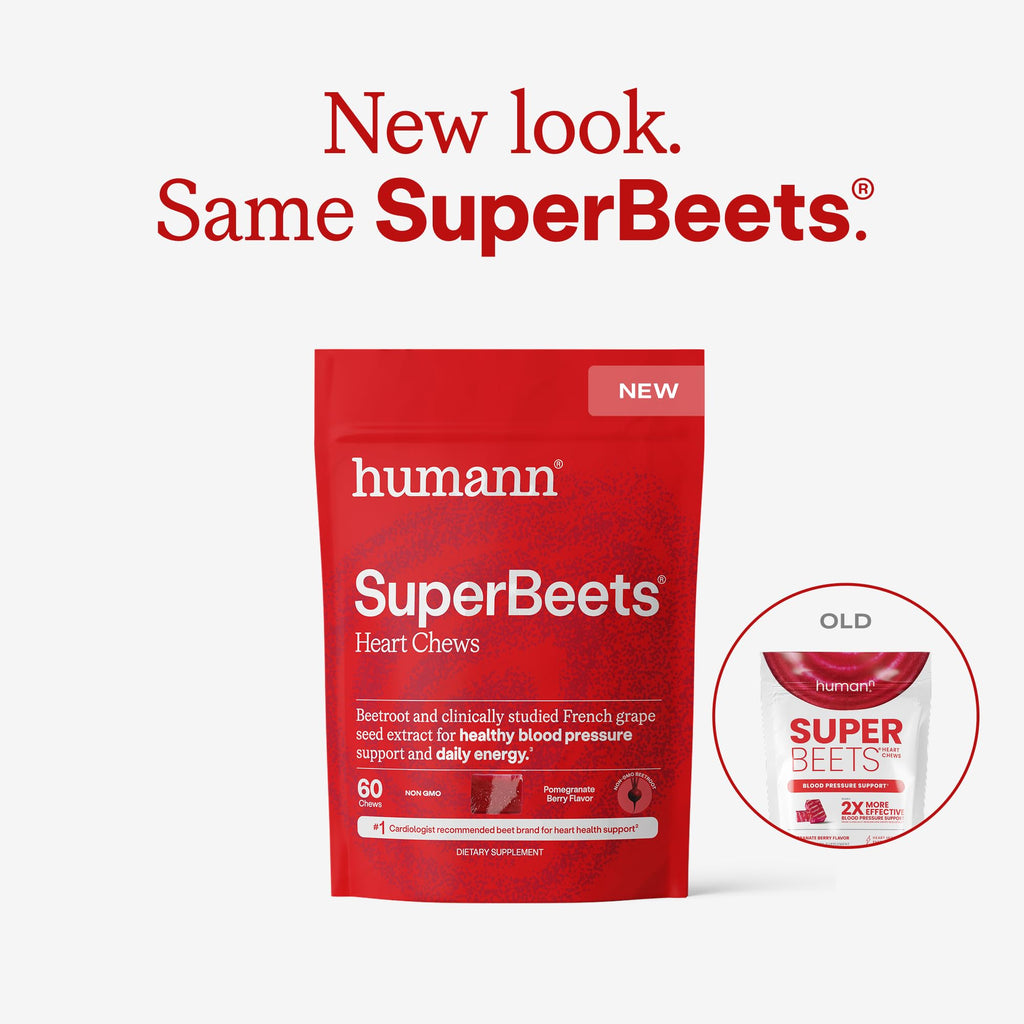 Humann SuperBeets Heart Chews, Nitric Oxide and Blood Pressure Support, Grape Seed Extract & Non-GMO Beet Root Powder Energy Supplement, Pomegranate Berry Flavor, 60 Count