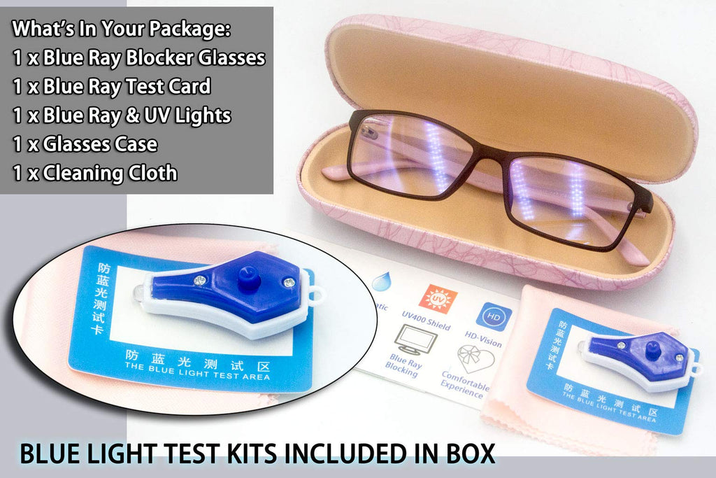 Women Anti Blue Light Glasses Block Eye Strain Glare with Case Tester, Gaming Computer Glasses Blue Light Block Glasses Filter UV Blocker Clear Lens Small Face Narrow Rectangle Nerd Frame Pink Black