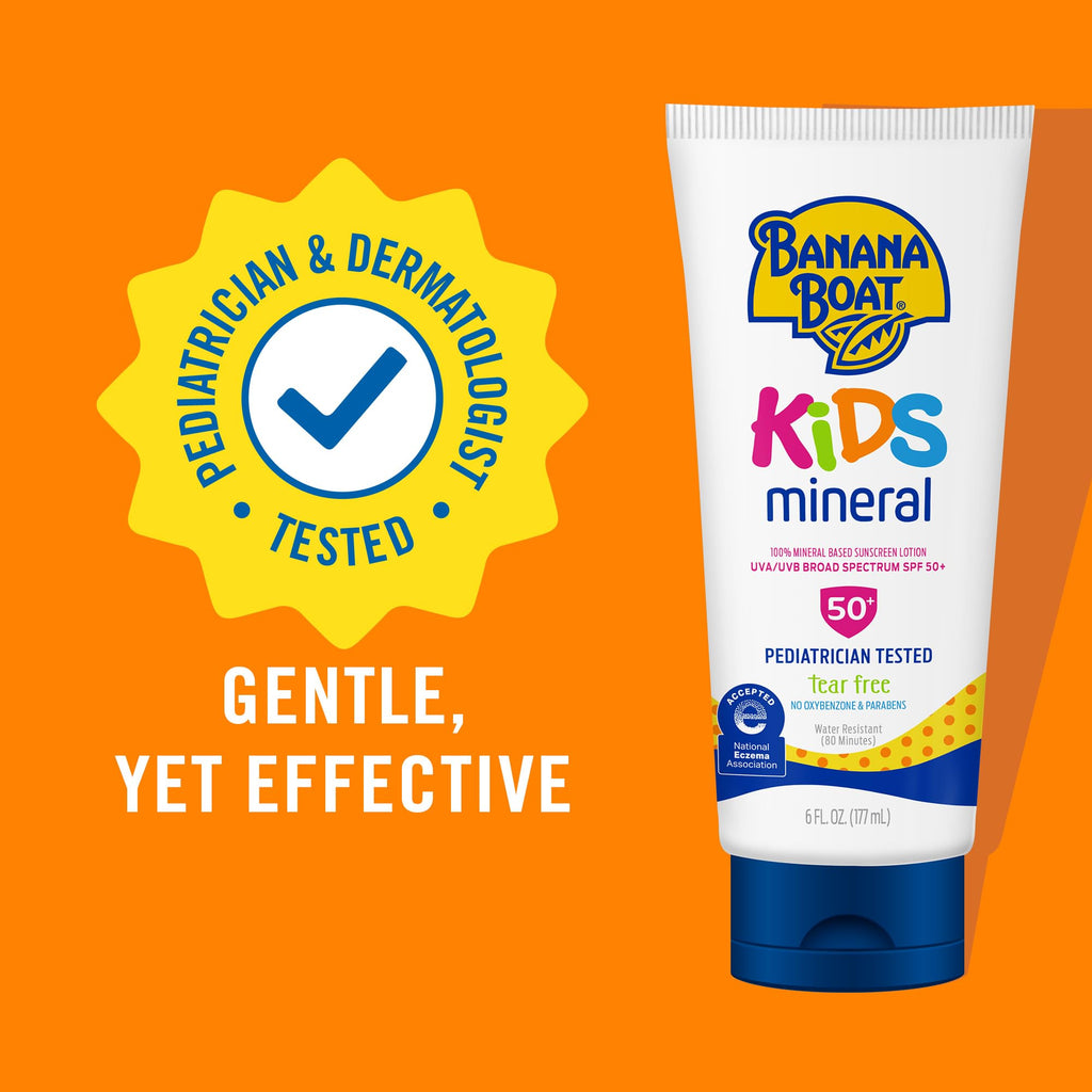 Banana Boat 100% Mineral Kids Sunscreen Lotion SPF 50, Twin Pack | Banana Boat Mineral Sunscreen for Kids, Childrens Sunblock SPF 50, Oxybenzone Free, 6Fl Oz each (Pack of 2)