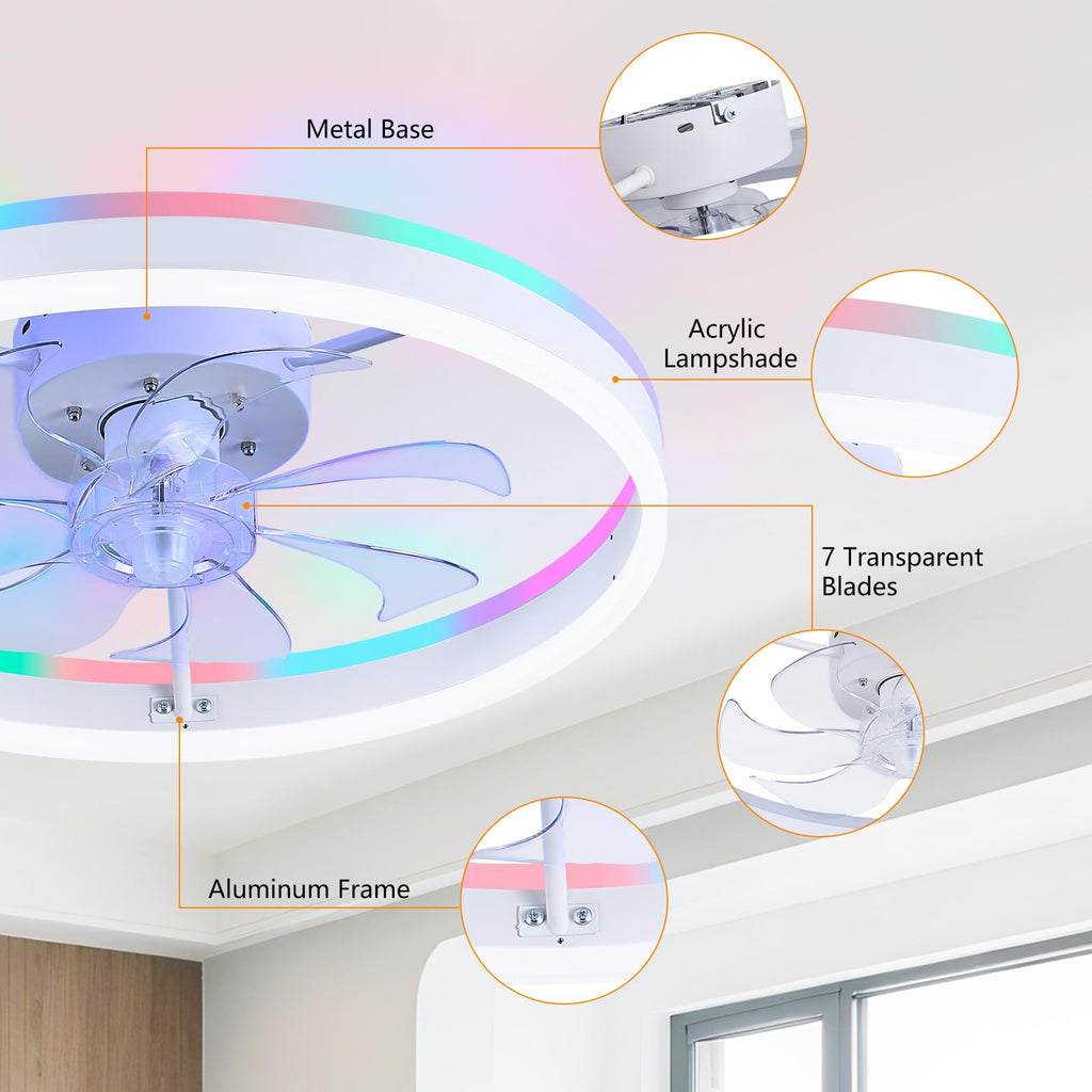 STERREN RGB Ceiling Fans with Lights, 20'' Smart LED Ceiling Fan with Remote/APP Control, Modern Low Profile Bladeless Chandelier Fan, Dimmable White Fandelier for Bedroom, Living Room, Kitchen