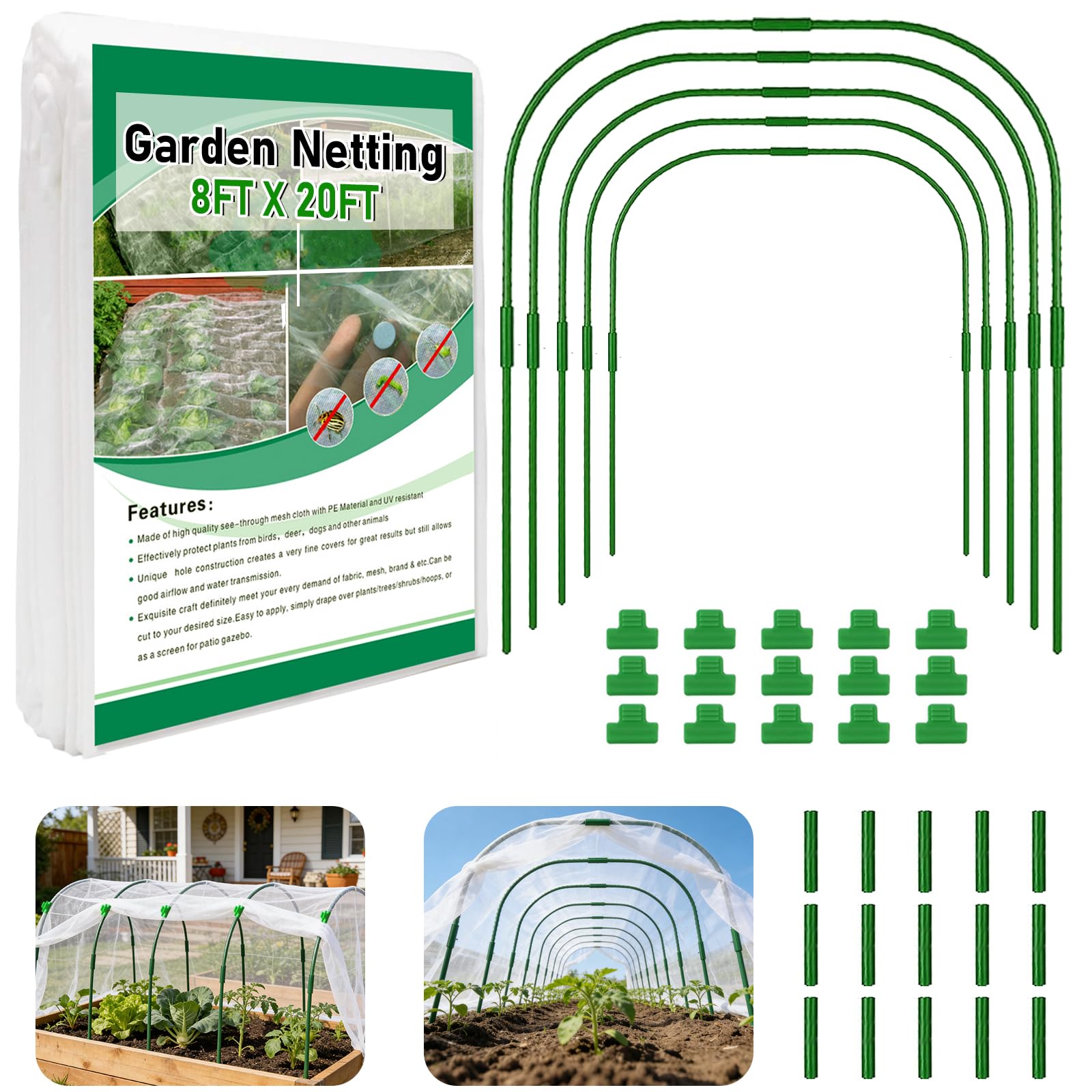 Garden Netting Kit for Raised Beds, Ultra Fine Garden Mesh Netting 8x20ft & 5 Sets Garden Hoops with Clips, Row Cover Net Protection Plant Covers Set for Greenhouse Vegetable Fruits Flowers Barrier