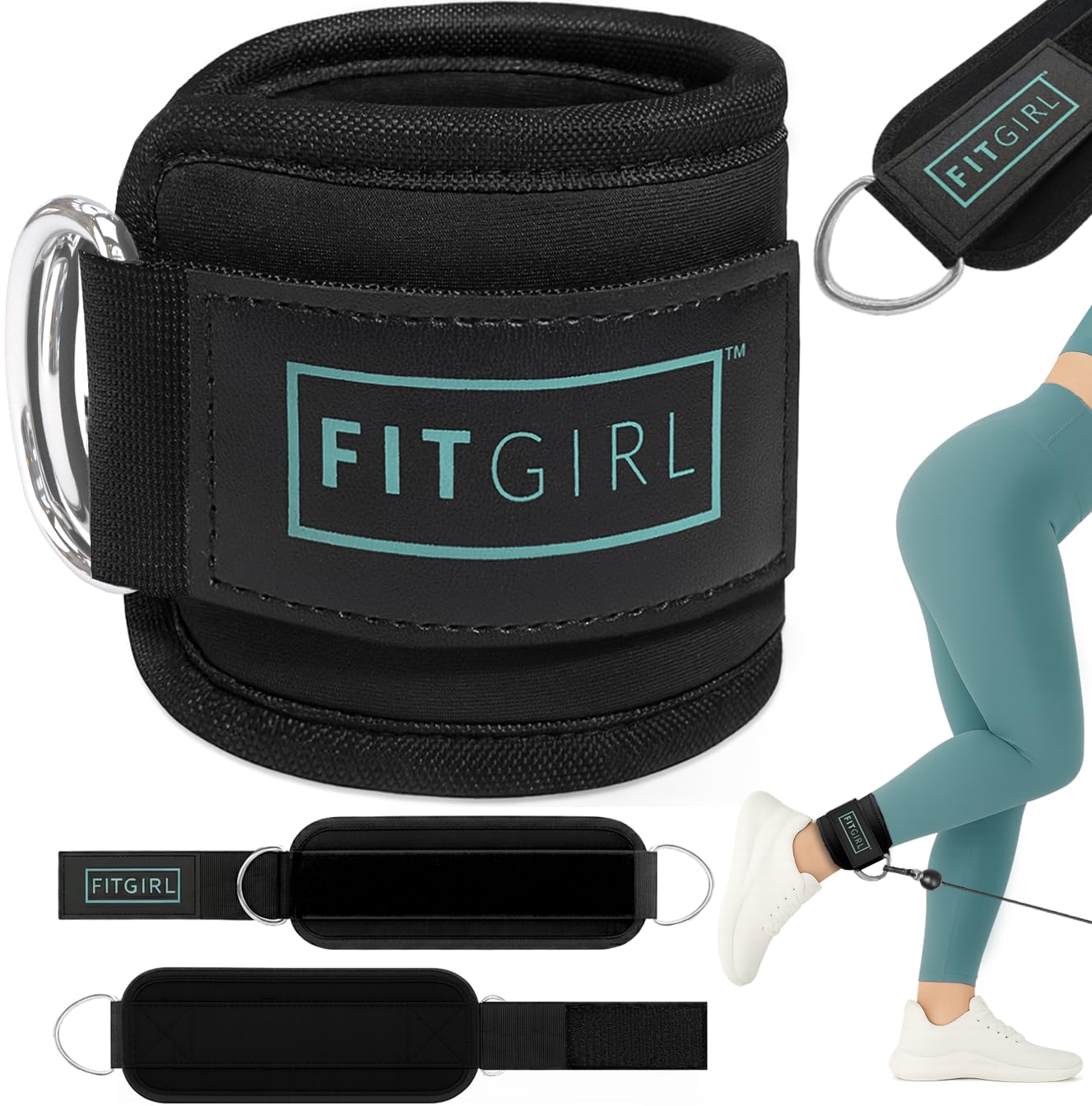 FITGIRL - Ankle Strap (Pair) for Cable Machines and Resistance Bands, Work Out Cuff Attachment for Home & Gym, Glute Workouts - Kickbacks, Leg Extensions, Hip Abductors, Women Only (Mint, Pair)