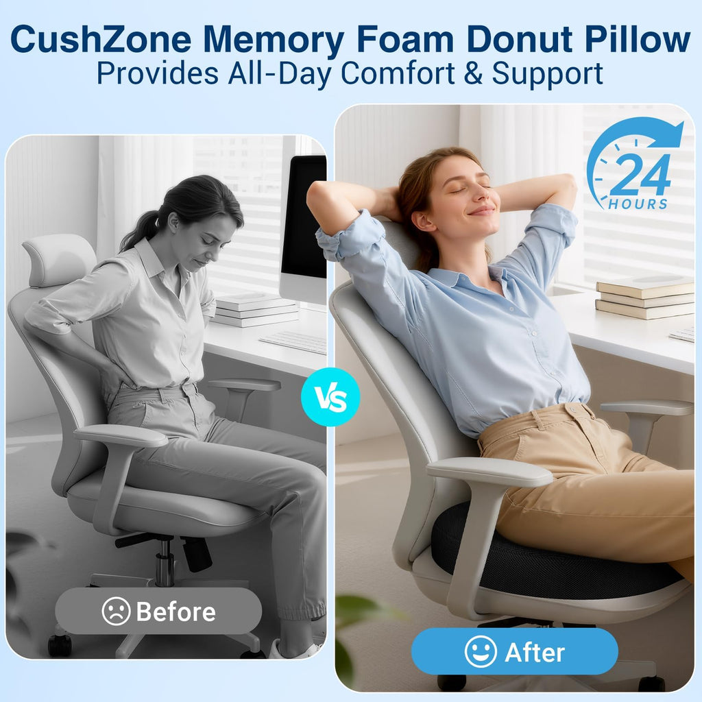 CushZone Donut Pillow for Postpartum Pregnancy - Large Ergonomic Chair Seat Cushions, Office Chair Cushion, Breathable Hemorrhoid Pillow, Lifting Chair Pads for Dining, Sitting, After Surgery(Black)
