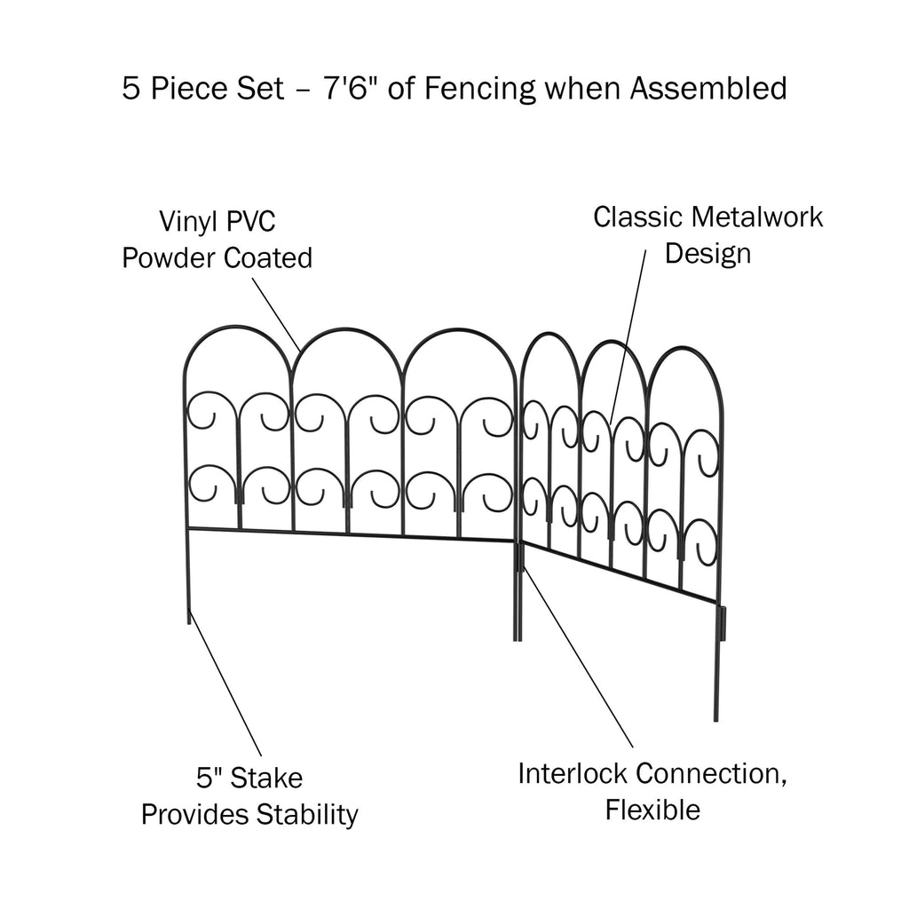 Metal Garden Fencing - Set of 5 Interlocking Panels for Flower Beds and Landscaping - Decorative Scroll Edging with Lawn Stakes by Pure Garden (Black)