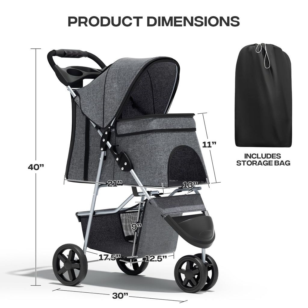 Pet Stroller for Small Dogs 10 lbs, Dog Stroller for Medium Dogs 30 lbs, Cat Strollers for 2 Cats, 3 Wheels Foldable Jogger Puppy Stroller with Storage Basket and Cup Holder, Grey