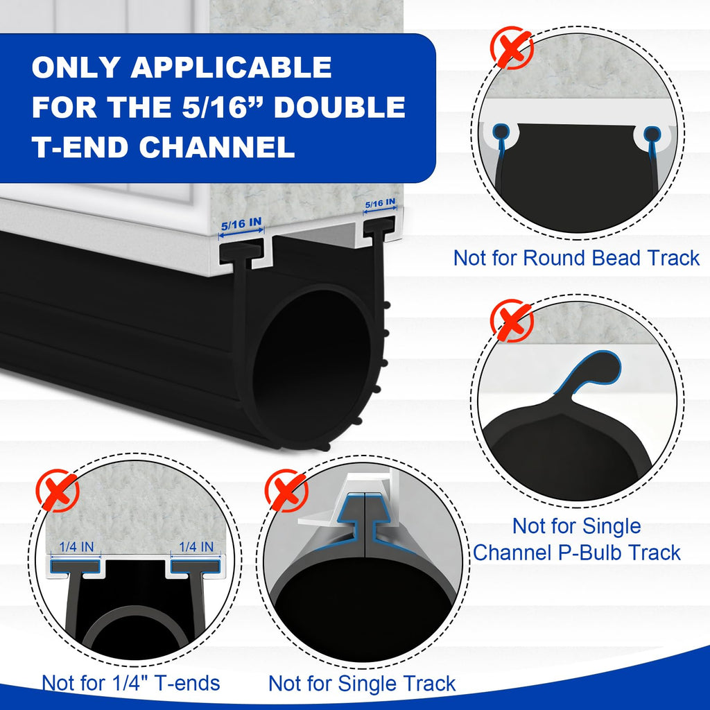 DGSL Garage Door Seals Bottom Rubber Weather Stripping Kit Seal Strip Replacement, Weatherproof Threshold Buffering Sealing Rubber 5/16 Inch T Ends (12 FT, Black, U+O)