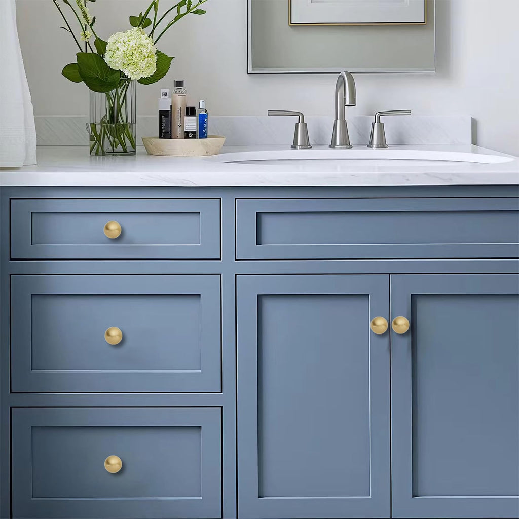 khtumeware 15-Pack 100% Solid Brass Cabinet Knobs, Round Ball Gold Knobs for Dresser Drawer, 1.1-Inch Diameter,Sphere Cabinet Pulls, Brushed Brass Finish