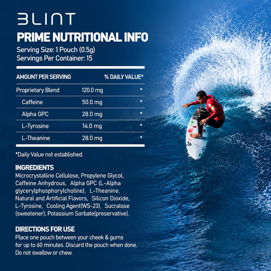 BLINT Prime Nootropic Pouches – L-Theanine, L-Tyrosine & Caffeine | Focus + Energy Supplement | Nicotine-Free, Tobacco-Free | 15 Pouches | Cool Mint (3 Cans)
