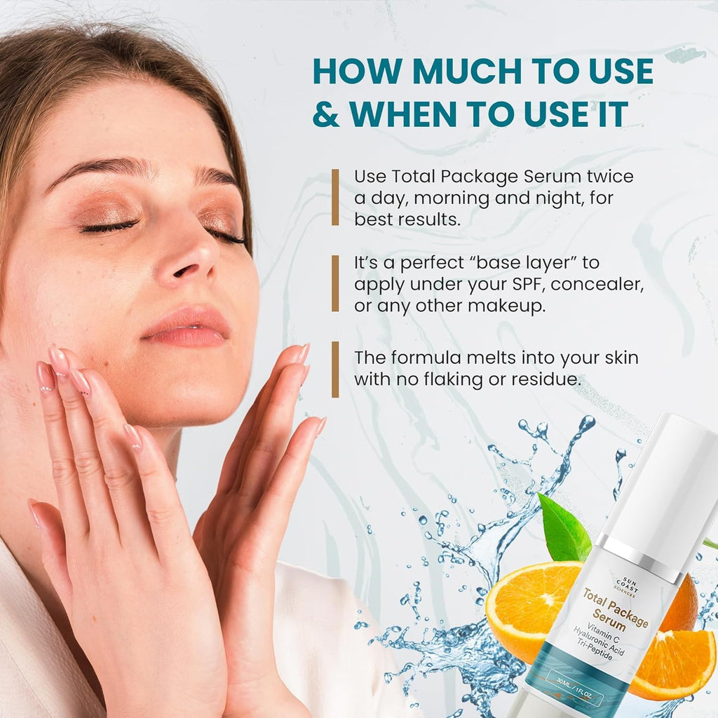 Sun Coast Sciences - Total Package Serum, All-In-One Vitamin C, Hyaluronic Acid, Anti-Aging Facial Super Serum for Wrinkles, Age Spots - 1 fl oz (Pack of 2)