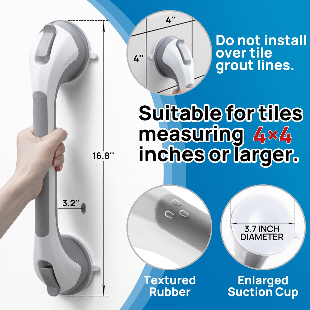 LEVERLOC Grab Bars for Bathtubs and Showers, Shower Handle 17 Inch Strong Suction Bath Handrails, Safety Grip for Bathroom Chair, Bathroom Grab Bar for Senior No Drilling Waterproof,Grey